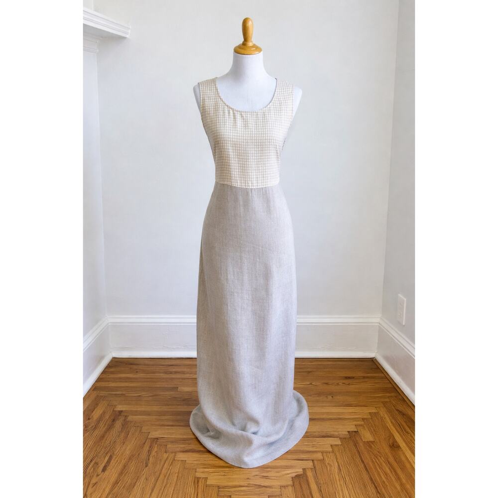 Vintage 90s Carol Anderson Linen Maxi Dress L Beige Gingham Cottagecore USA‎